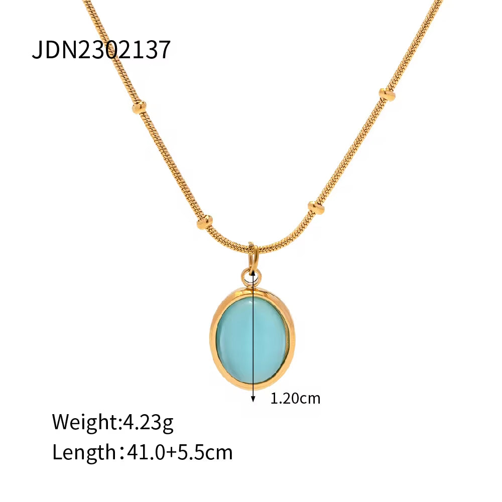 Charm 18K Gold Plated Stainless Steel Jewelry Gift Blue Cat Eye Natural Stone Oval Pendant Necklace Set