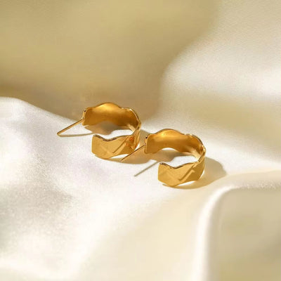 18K Gold Plated Stainless Steel Irregular Wide High Polished C Shape Hoop Earring for Ladies Daily