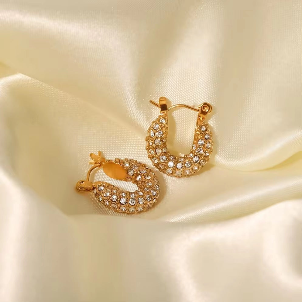 18K Gold Plated Stainless Steel Dainty Hammered Surface White Cubic Zircon Hoop Earrings for Gift