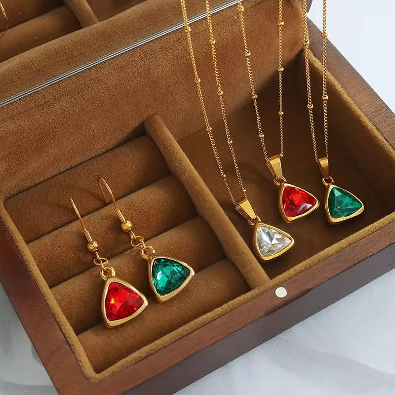 Designer Custom Vintage Fashion 18K Gold Plated Stainless Steel Hook Triangle Crystal Drop Earrings Women