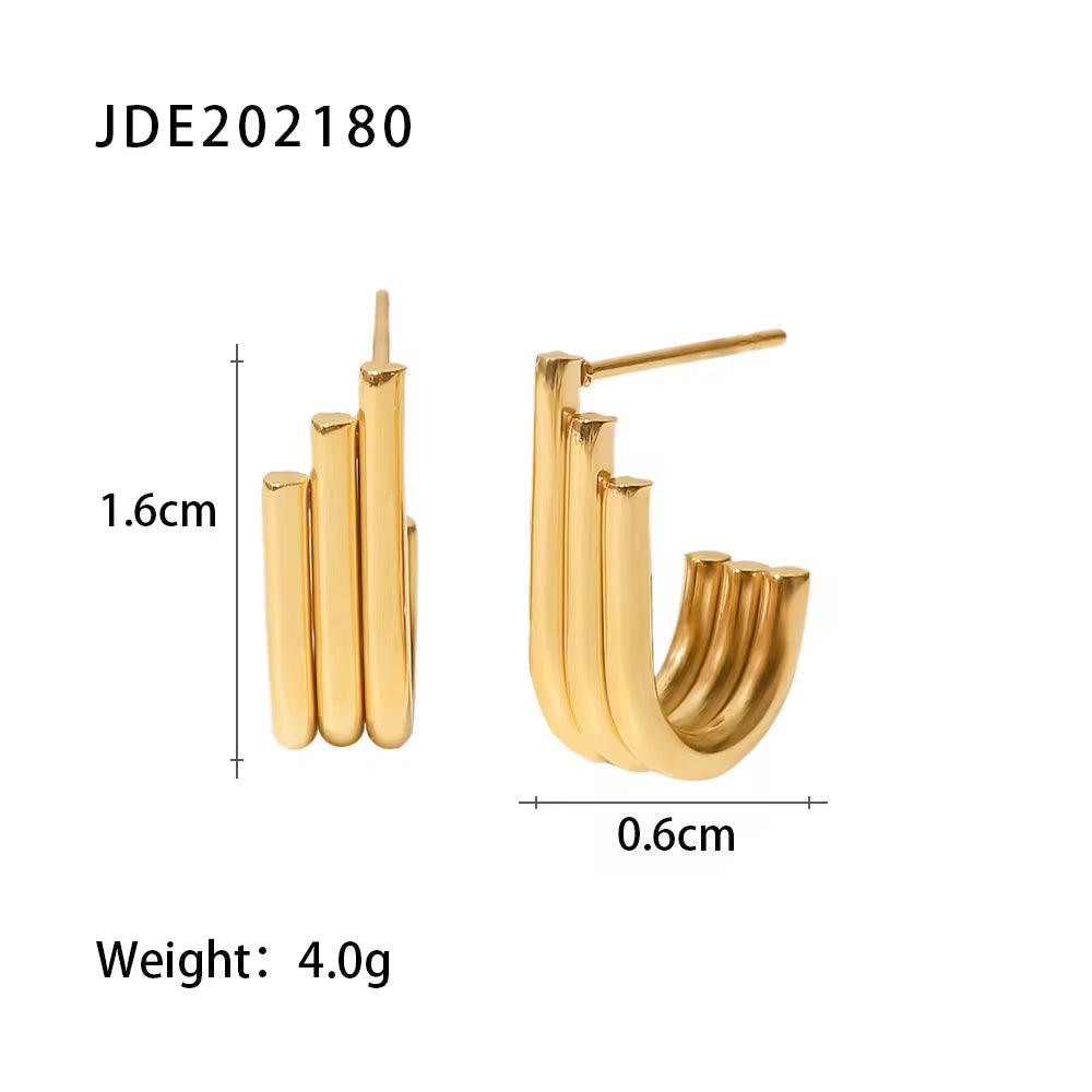 18K Gold Plated Three Layers Pipe Organ U Shape Stainless Steel Stud Earrings for Ladies Gift