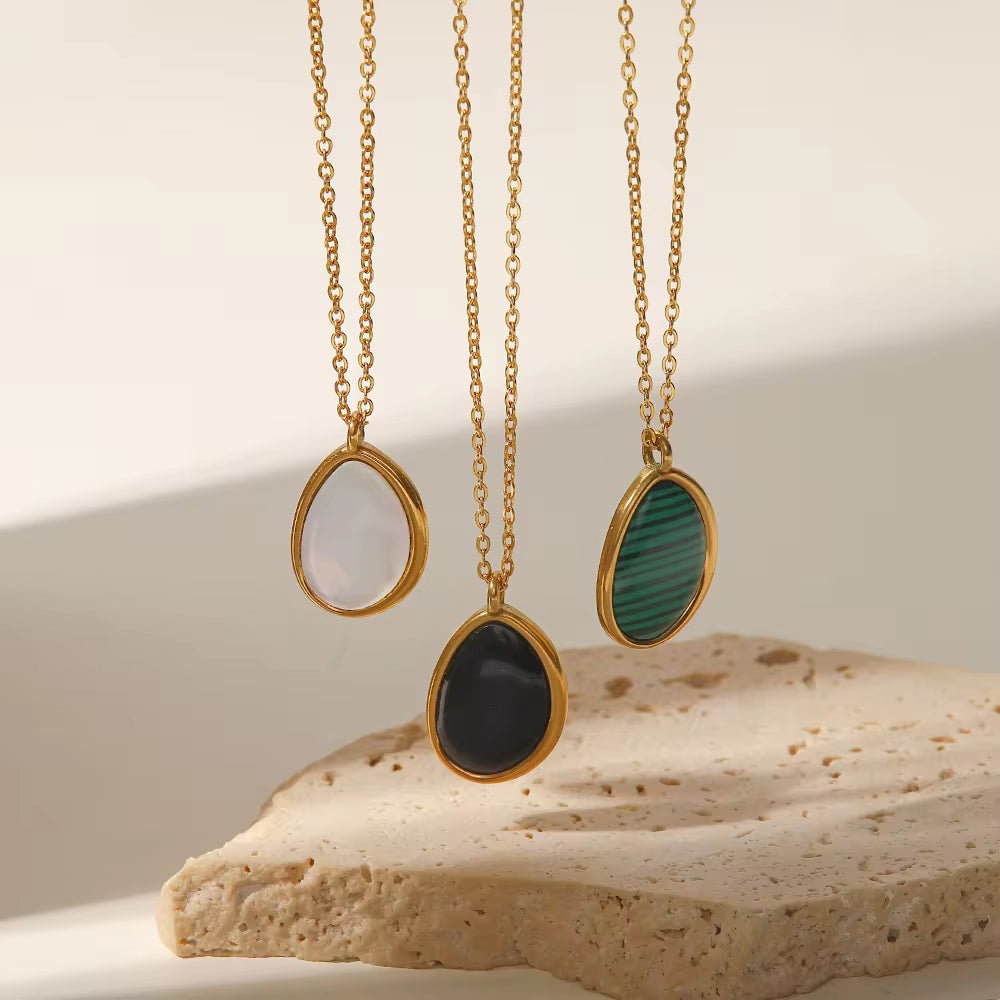 New Arrival Stainless Steel Plain Black Agate Stone Malachite Opal Stone Drop Pendant Necklace