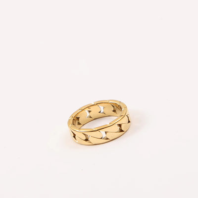 Tarnish Free Croissant Ring 18K Gold IP Plated Stainless Steel Striped Ring Miami Cuban Chain Chunky Ring