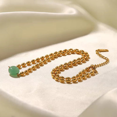 Stainless Steel 18K Gold Plated Jewelry Green Natural Stone Oval Golden Bead Necklace for Women