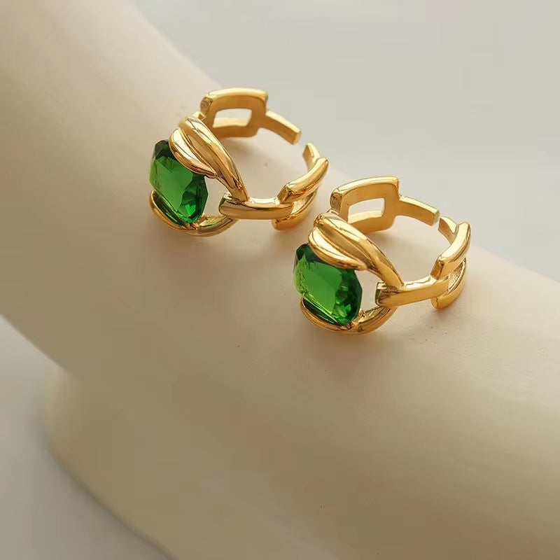 Gold Plated Stainless Steel Link Chain CZ Finger Titanium Steel Green Ring for Women