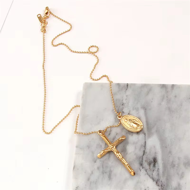 18K Gold Plated Stainless Steel Jewelry Gift Charm Cross Oval Pendant Necklace for Women