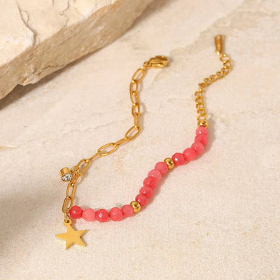 Bright Pink Stone Star Pendant Bracelet Stainless Steel 18K Half Cross Paperclip Chain Bracelet for Women