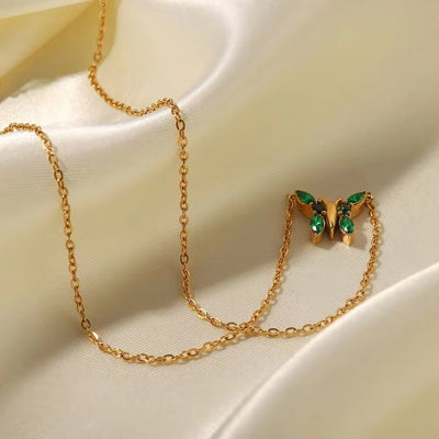 Minimalist Jewelry 18K Gold Plated Stainless Steel Clear Green Zircon Paved Butterfly Necklace