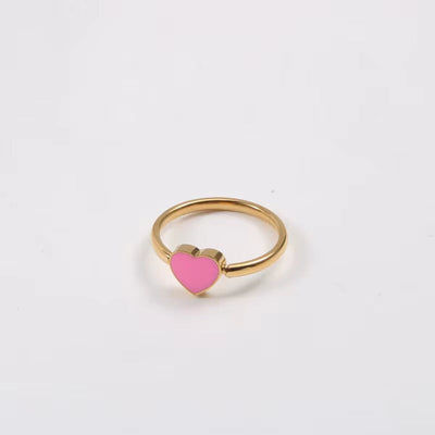 New High Quality Waterproof Rings Jewelry Enamel Pink Heart Ring Jewelry Stainless Steel 18K Gold Plate Heart Ring for Women