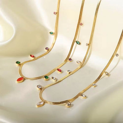 14K Gold Plated Flat Snake Chain Multi-Colors Zircon Inlaid Stainless Steel Charm Necklaces for Women