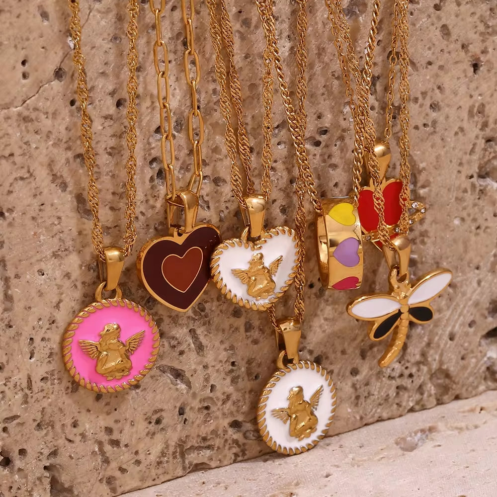 Colorful Enamel Angel Dragonfly Pendant Necklaces 18K Gold Plated Stainless Steel Jewelry Set