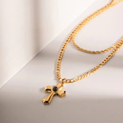 Custom Stainless Steel Link Necklaces Gold Plated Double Layer Cross Pendant Chain Necklace