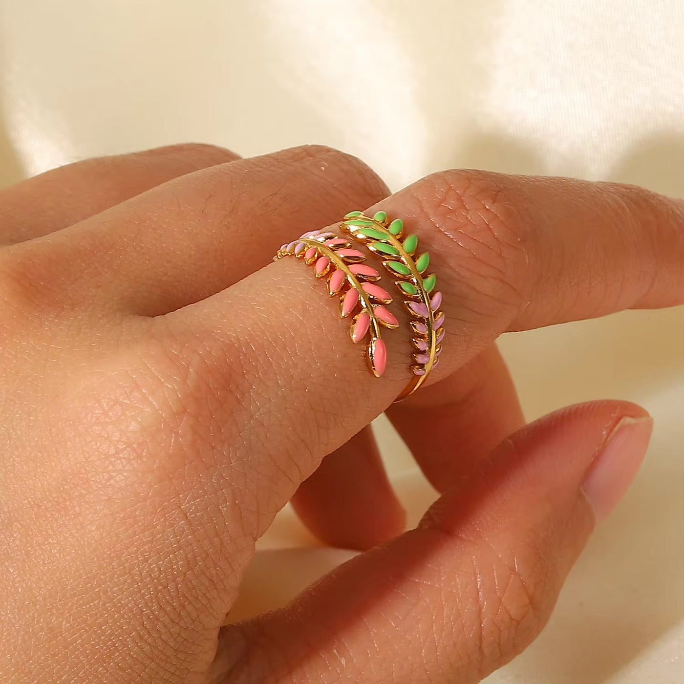 Dainty 18K Gold Plated Stainless Steel Creative Leaf Branch Shape Enameled Adjustable Rings