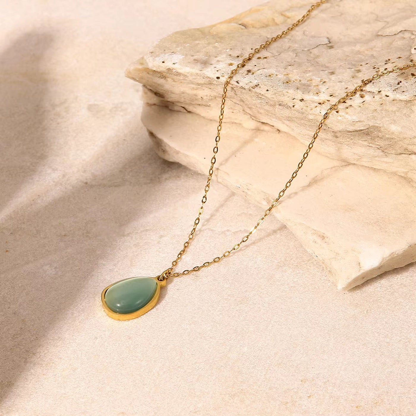 Water Drop Titanium Steel Pendant Necklace 18K Gold Plated Stainless Steel Green Opal Stone Necklace