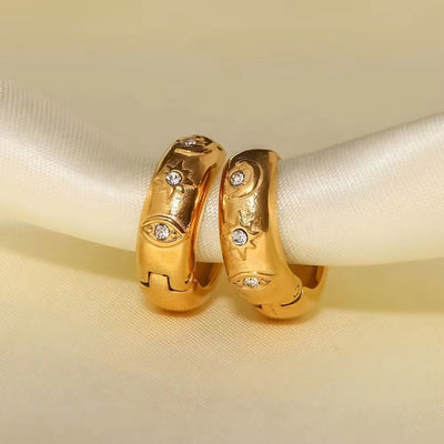 18K Gold Plated Stainless Steel Star Evil Eyes Design Cubic Zirconia Chunky Hoop Earrings for Women