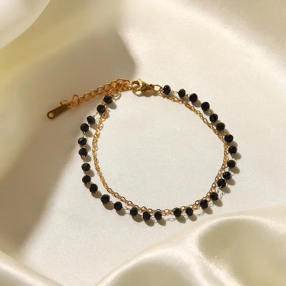 New Trendy 18K Plated Stainless Steel Jewelry Double Layer Black Glass Bead Chain Bracelet for Women