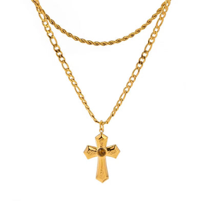 Custom Stainless Steel Link Necklaces Gold Plated Double Layer Cross Pendant Chain Necklace