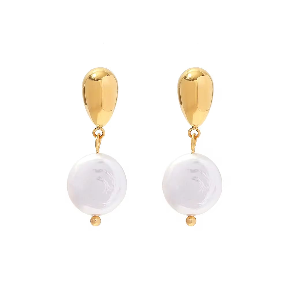 Ins 18K Gold Plated Earring Stainless Steel Natural Freshwater Pearl Pendant Earrings for Women