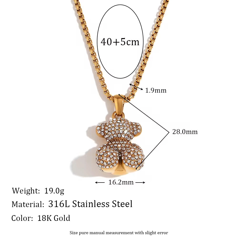 Shining Zircon Party Jewelry Cute Bear Pendant Necklace Gold Plated Rope Chain Necklace Stainless Steel