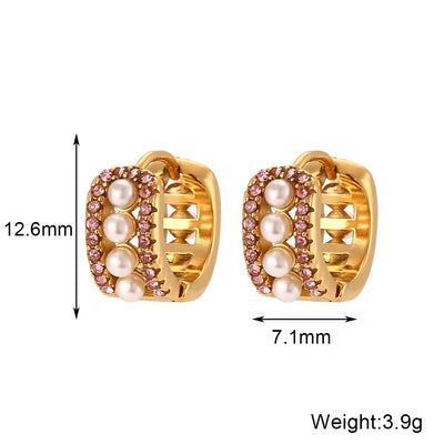 Fashion Jewelry 2023 Crystal Pink Zircon Pearl Earring PVD Gold Plated Huggie Hoop Earrings Stainless Steel Jewelry