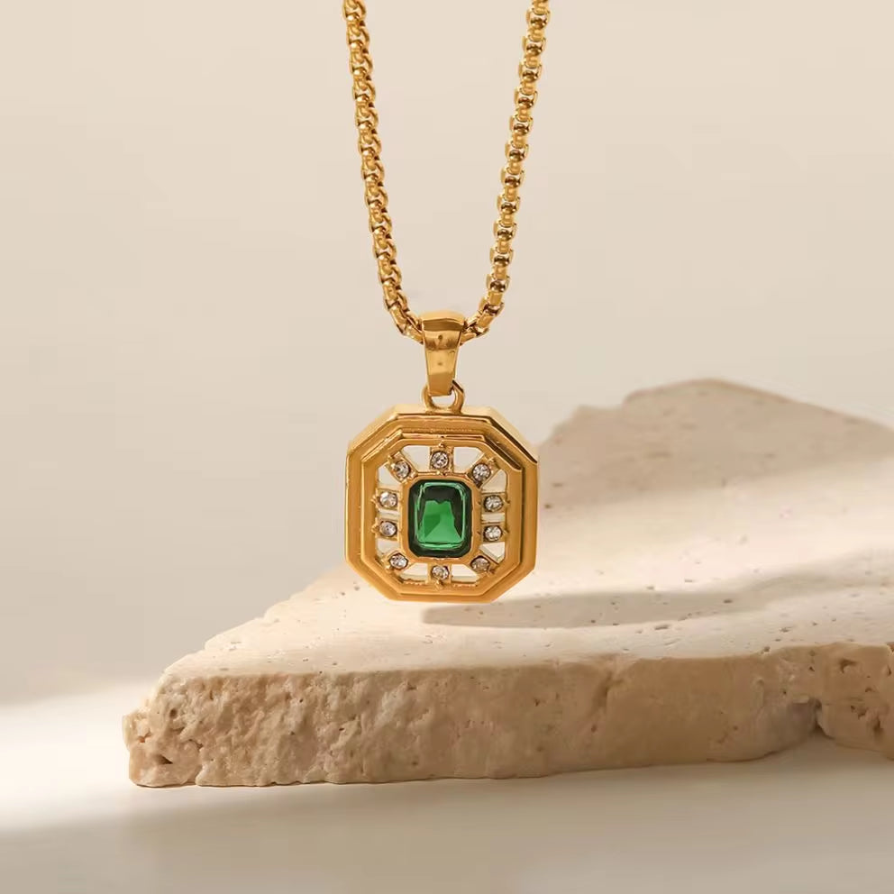 Vintage Jewelry 18K Gold Plated Box Chain Stainless Steel Hollow Green Zircon Pendant Necklace