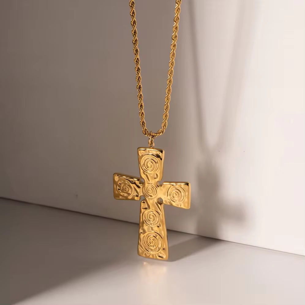 Jewelry 18K PVD Gold Plated Texture Lava Crossed Necklace Chunky Cross Pendant Necklace for Women