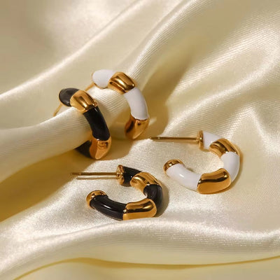 18K Gold Plated Stainless Steel Black Enameled Contrast Color C Shape Hoop Earring for Ladies