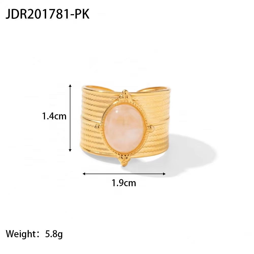 PVD 18K Gold Plated Stainless Steel Natural Rose Quartz Wide Opening Adjustable Rings Vintage Style