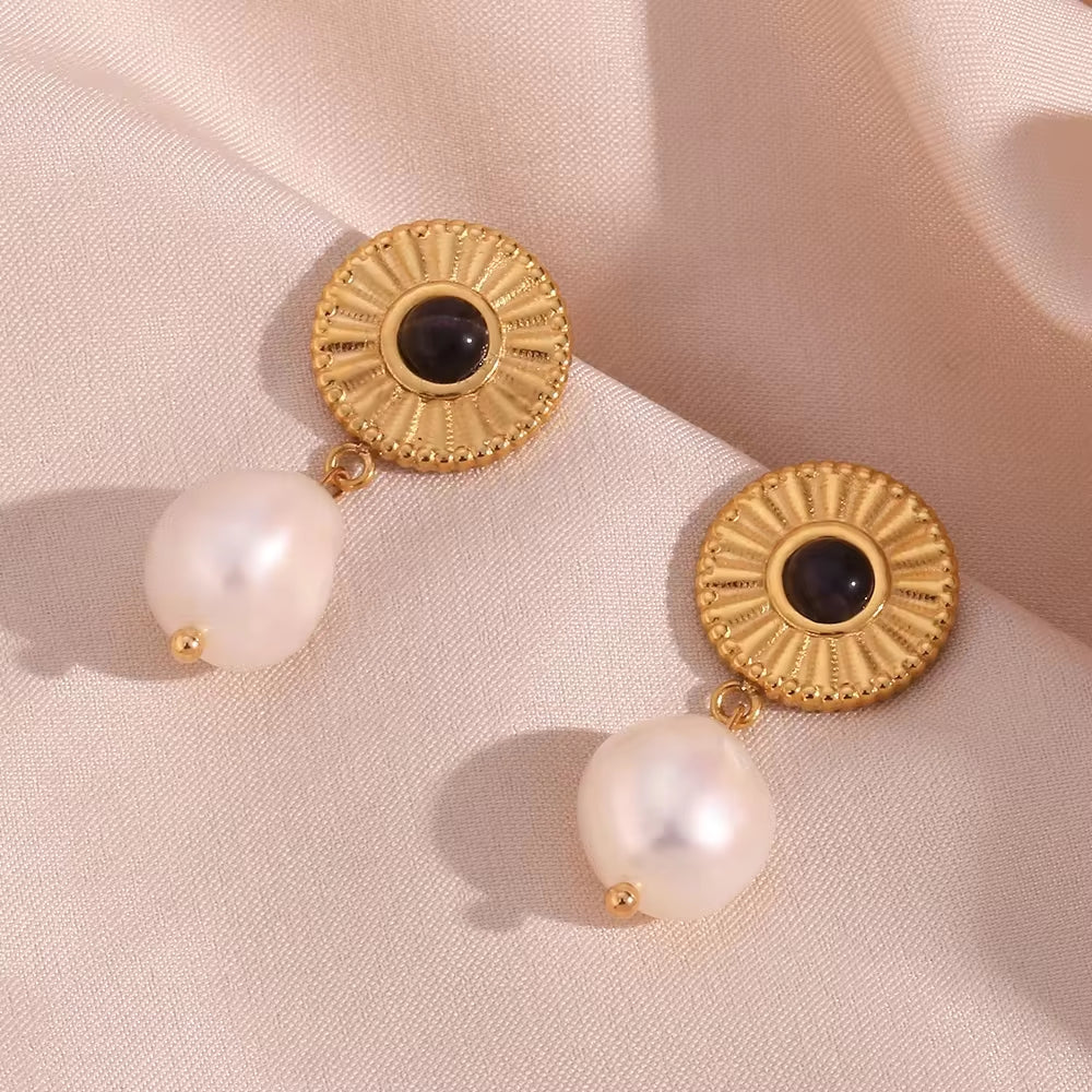 Trending Products 2023 New Arrivals Sunflower Shape Fresh Water Pearl Drop Earring Gold Plated Stainless Steel Opal Earrings