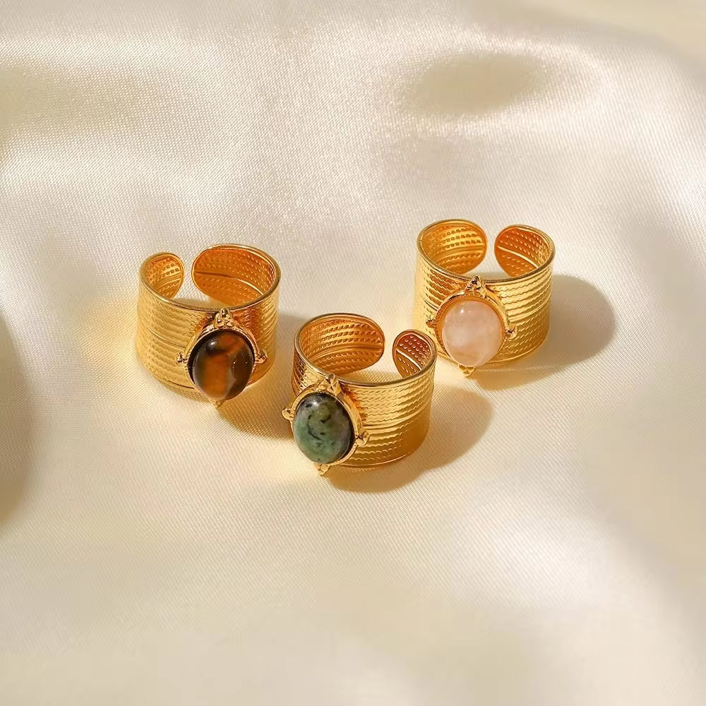 18K Gold Plated Stainless Steel Wide Cyclic Surface Natural African Turquoise Stone Rings for Women