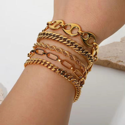 Women Jewelry Set Miami Cuban Chain Bracelet Bangle Flat Snake Stacking 18K Gold Plated Stainless Steel Bracelet for Accessories