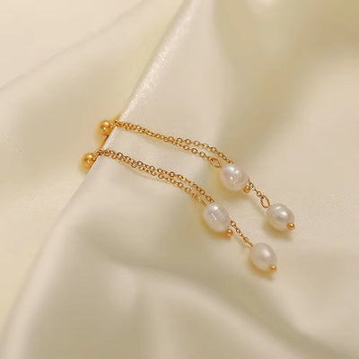 18K Gold Plated Stainless Steel Natural Freshwater Pearl Tassels Pendant Earrings for Ladies Gift