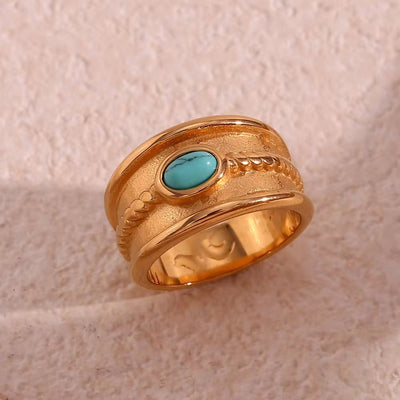 Vintage Engraved Natural Stone Statement Ring 18K Gold Plated Stainless Steel Signet Ring