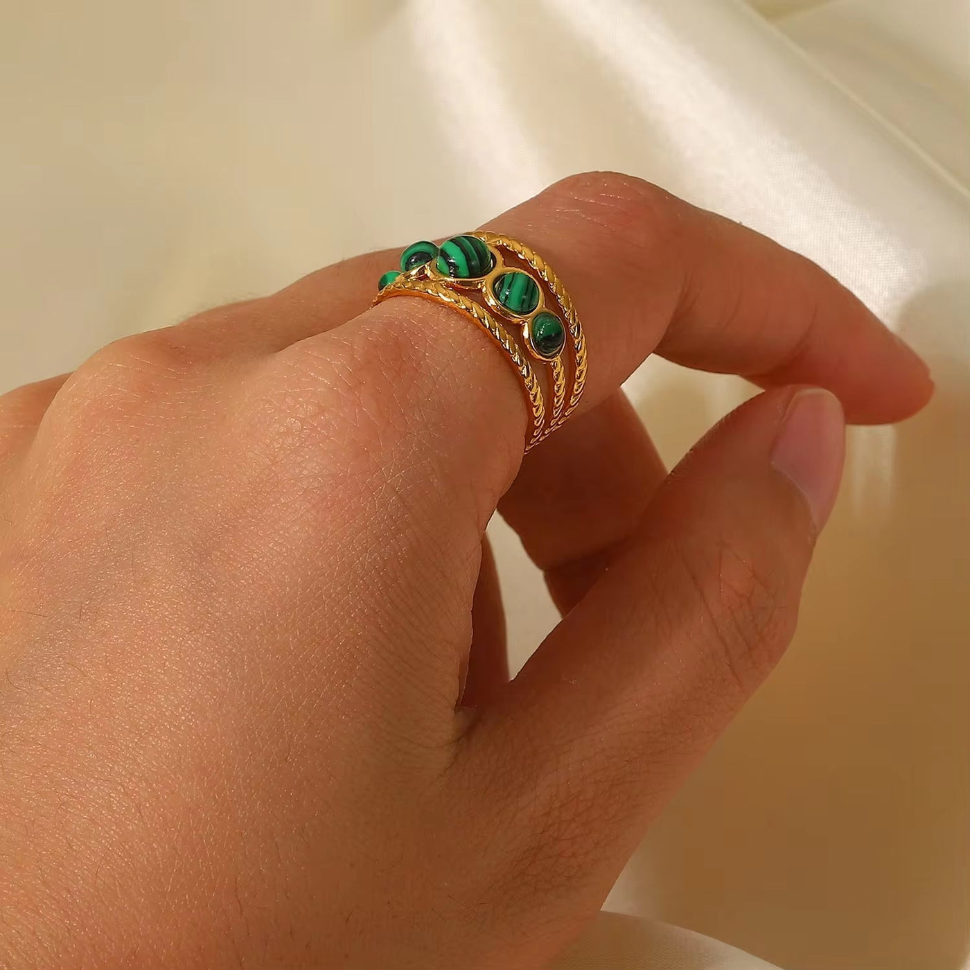 Water Proof PVD Gold Plated Stainless Steel Natural Malachite Stone Hollow Adjustable Rings