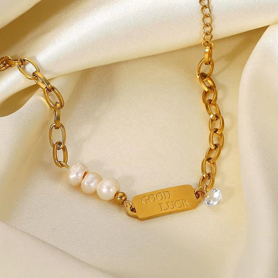 New Arrival 18K Gold Plated Chain Pearl Splicing Bracelet Stainless Steel GOOD LUCK Freshwater Pearl Bracelet for Girls Gift