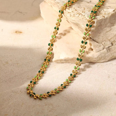 18K Gold Fresh Green Oil Dripping Olive Leaf Necklace Stainless Steel Enamel Charm Chain Necklace Jewelry