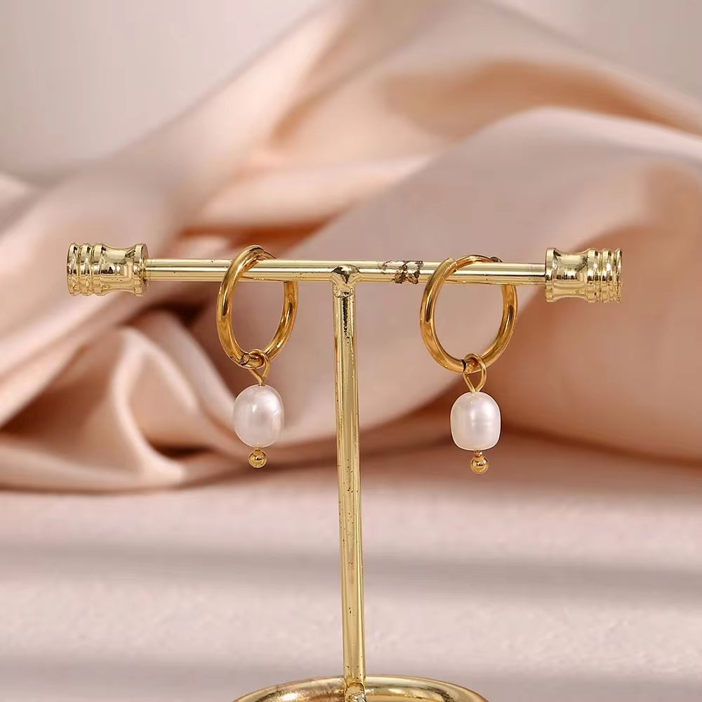 Drop Ship Elegant Fresh Water Pearl Drop Earring 18K Gold Plated Stainless Steel Gold Hoop Earring