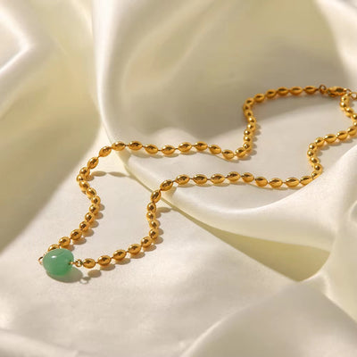 Stainless Steel 18K Gold Plated Jewelry Green Natural Stone Oval Golden Bead Necklace for Women