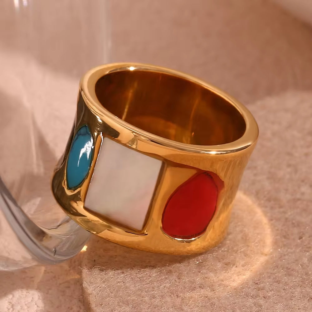 New Design Geometric Turquoise Signet Ring Gold Plated Stainless Steel Statement Jewelry