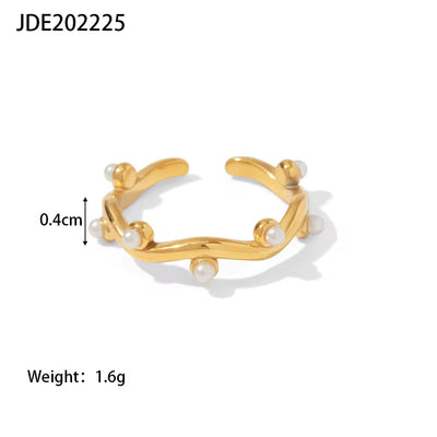 18K Gold Plated Stainless Steel Irregular Water Wave White Pearl Leaf Branch Stacking Rings