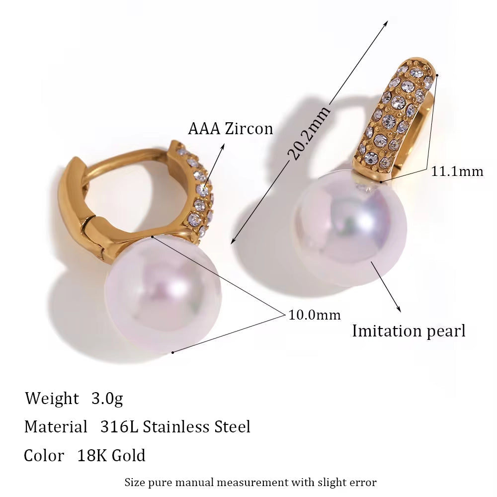 Trending Imitation Pearl Huggie Earrings 18K Gold Plated Stainless Steel Jewelry Zircon Earrings for Women