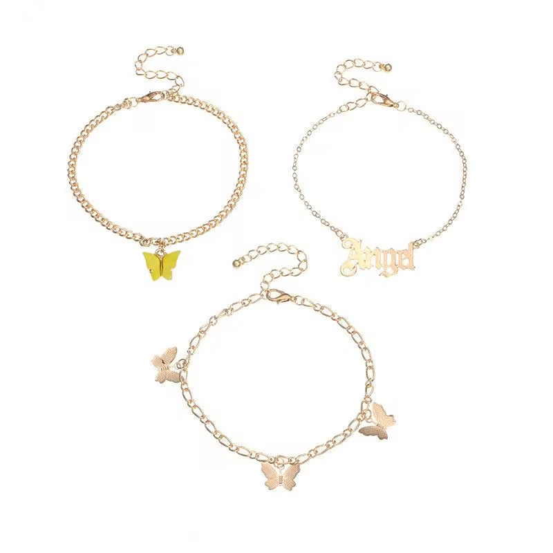 3PCS Set Cuban Link Butterfly Charm Anklet Set Women Chains Foot Jewelry Designer Angle Letter Ankle