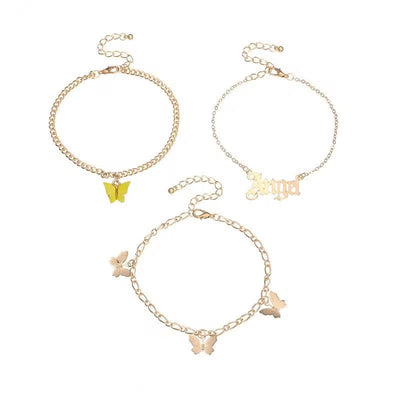 3PCS Set Cuban Link Butterfly Charm Anklet Set Women Chains Foot Jewelry Designer Angle Letter Ankle