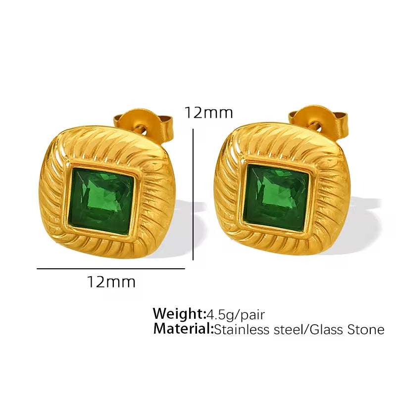 JEWELRY EH156 French Vintage Stainless Steel 18K Gold Plated Glass Stone Square Stud Earrings