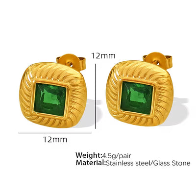 JEWELRY EH156 French Vintage Stainless Steel 18K Gold Plated Glass Stone Square Stud Earrings