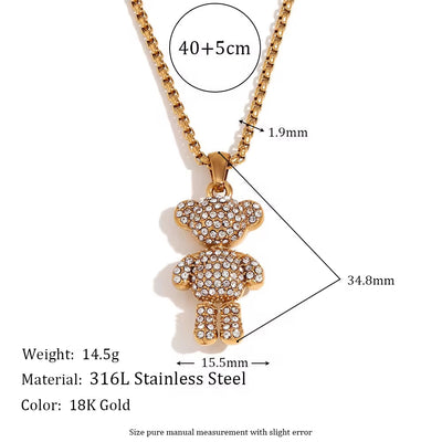 Shining Zircon Party Jewelry Cute Bear Pendant Necklace Gold Plated Rope Chain Necklace Stainless Steel