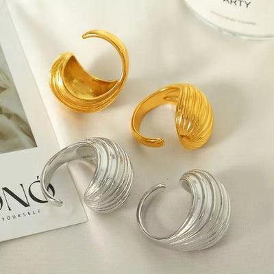 JEWELRY EH168-JZ15 French Vintage 18K Gold Plated Geometric Stripe Hollow Earrings Ring Openings Fashion Jewellery Set