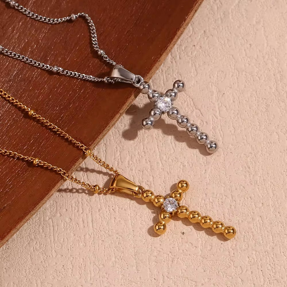 Dainty Zircon Cross Necklace Beaded Pendant Necklace Gold Plated Stainless Steel Christmas Gift for Women