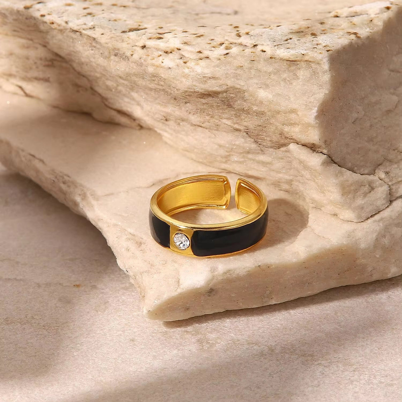 Black Enamel Opening Cubic Zirconia 18K Gold Plated Ring Bamboo Stainless Steel Rings for Women