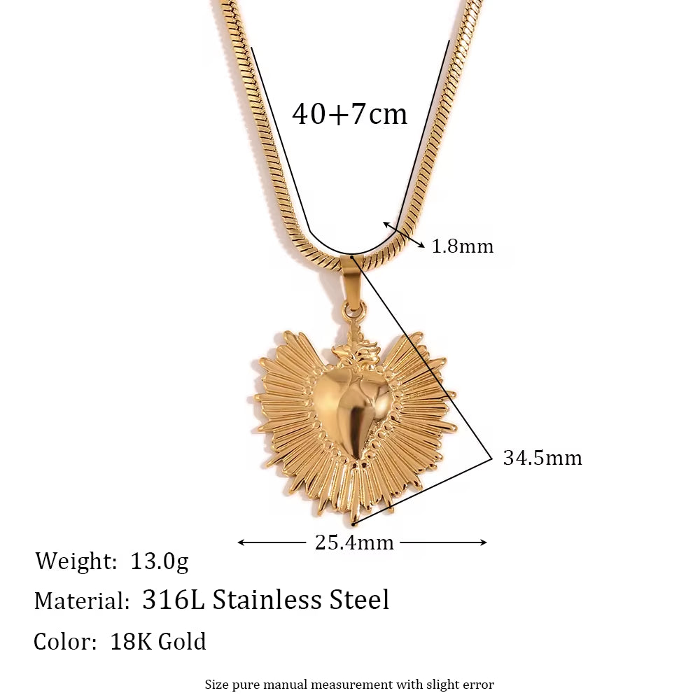 Sunburst Heart Jewelry Gold Plated Pendant Necklace Stainless Steel Jewelry Set Tarnish Free Jewelry